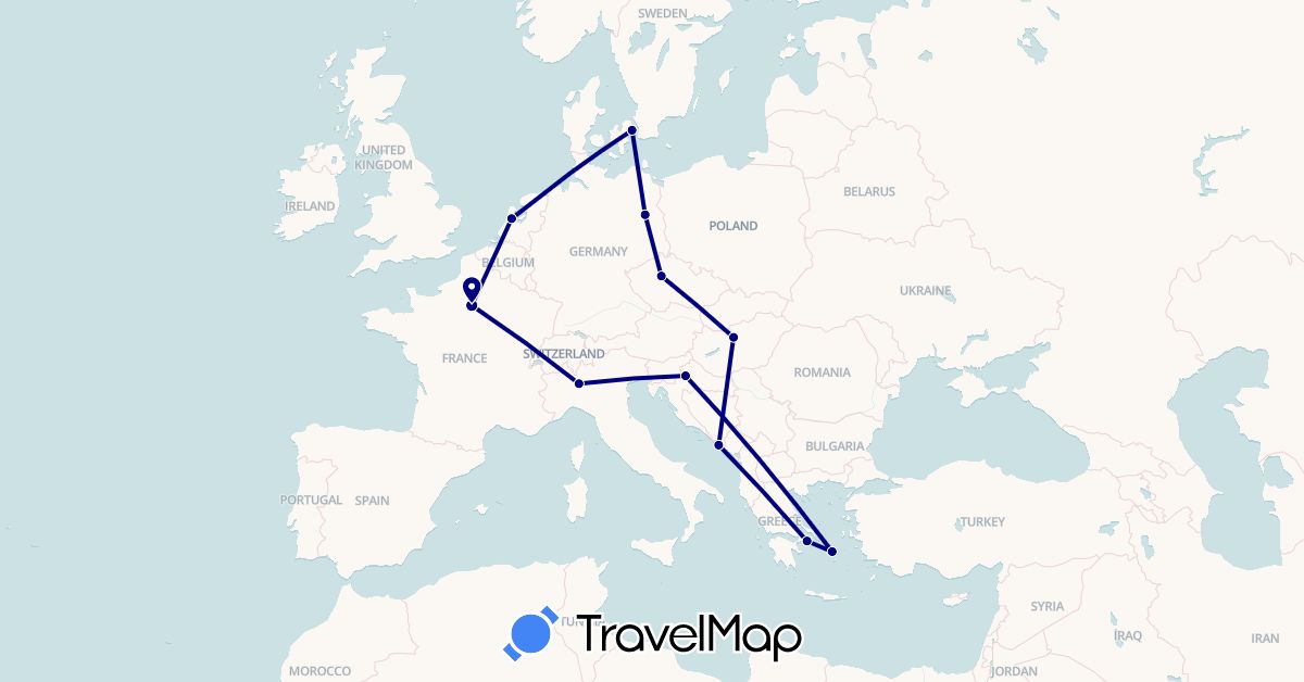 TravelMap itinerary: driving in Czech Republic, Germany, Denmark, France, Greece, Croatia, Hungary, Italy, Netherlands (Europe)